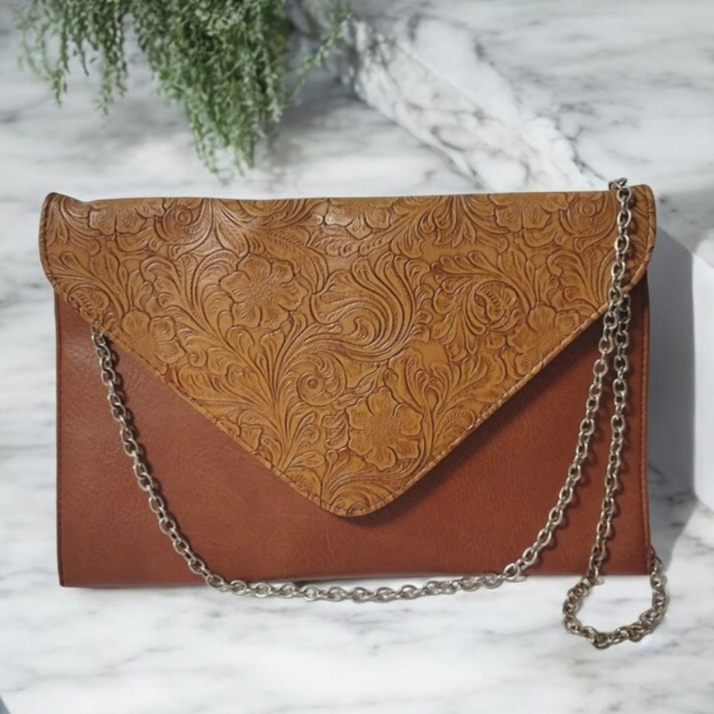 Tooled Leather Envelope Crossbody Bag in Tan